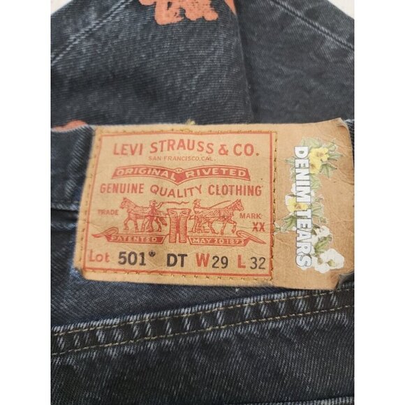 DENIM TEARS x Levi’s 501 Jeans Cotton Black Red Clay Stamped Wreath Men's 29x32 - Picture 5 of 9